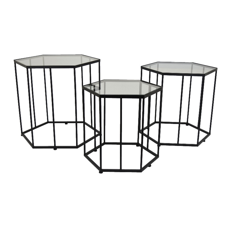 Benjara Kellie Plant Stand Table Set of 3- Black Metal- Hexagon Glass Tops