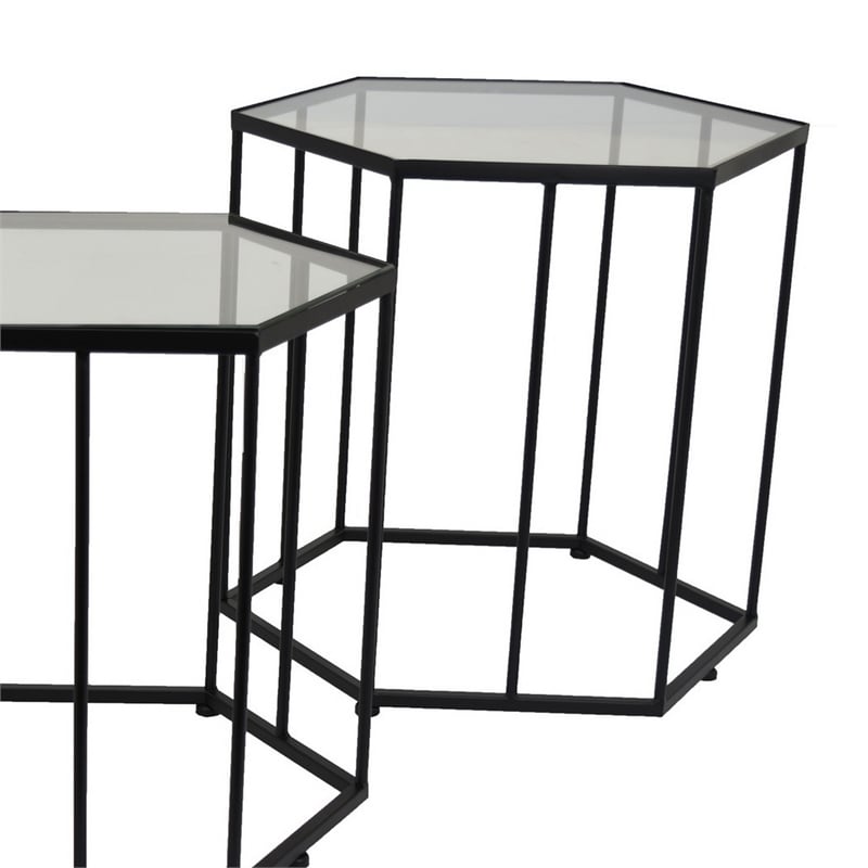 Benjara Kellie Plant Stand Table Set of 3- Black Metal- Hexagon Glass Tops