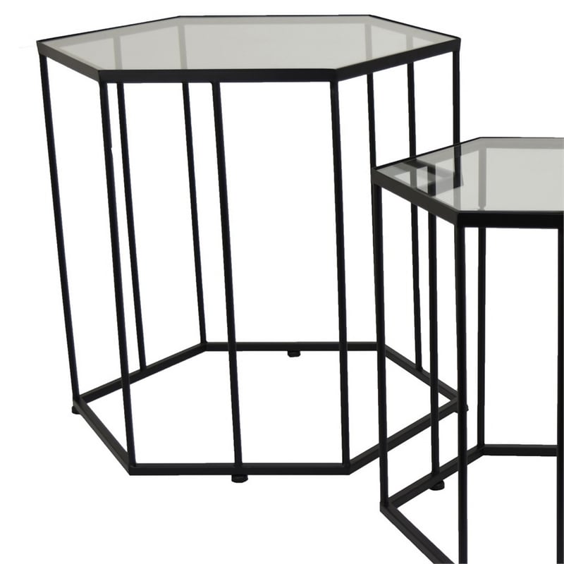 Benjara Kellie Plant Stand Table Set of 3- Black Metal- Hexagon Glass Tops