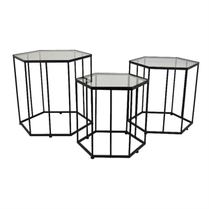 Benjara Kellie Plant Stand Table Set of 3- Black Metal- Hexagon Glass Tops