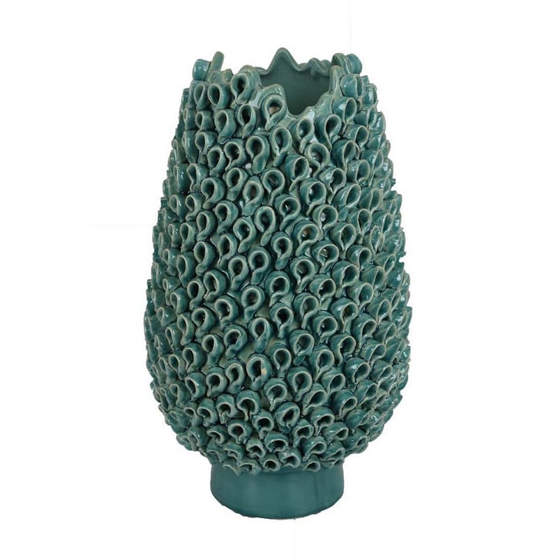 Benjara Accent Flower Vase- 3D Coral Textured Teal Green Ceramic 16 Inch