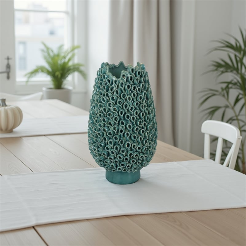 Benjara Accent Flower Vase- 3D Coral Textured Teal Green Ceramic 16 Inch