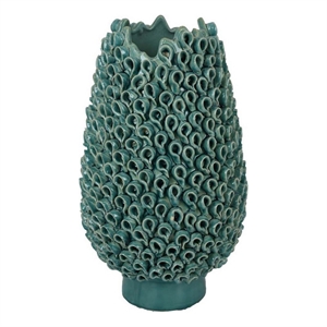 Benjara Accent Flower Vase- 3D Coral Textured Teal Green Ceramic 16 Inch
