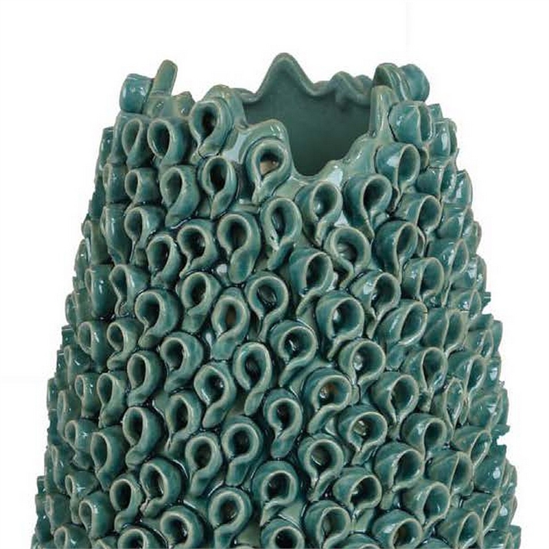 Benjara Accent Flower Vase- 3D Coral Textured Teal Green Ceramic 16 Inch