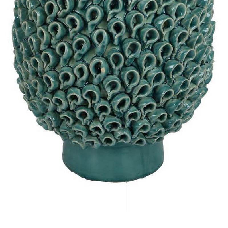 Benjara Accent Flower Vase- 3D Coral Textured Teal Green Ceramic 16 Inch