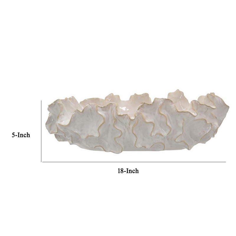 Benjara Decorative Accent Bowl- 18 Inch- Natural Wavelike Body- White Ceramic