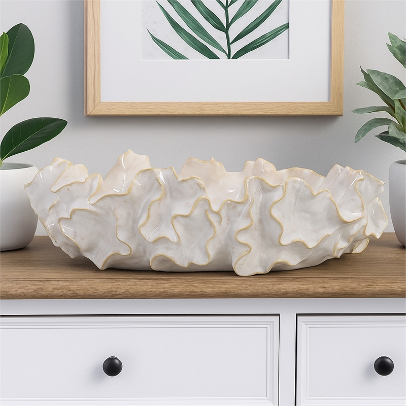 Benjara Decorative Accent Bowl- 18 Inch- Natural Wavelike Body- White Ceramic