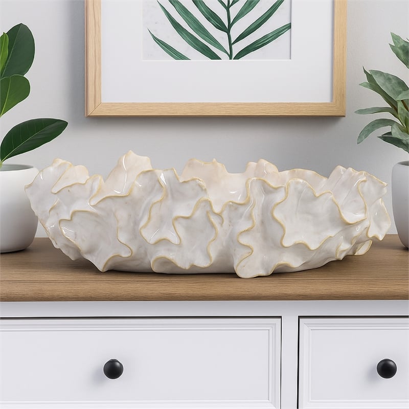 Benjara Decorative Accent Bowl- 18 Inch- Natural Wavelike Body- White Ceramic