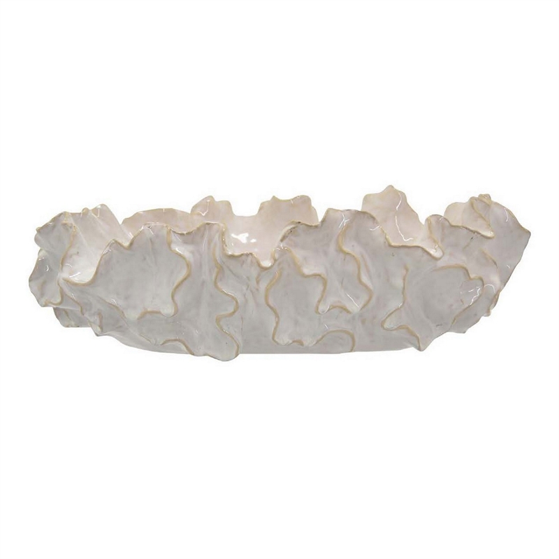 Benjara Decorative Accent Bowl- 18 Inch- Natural Wavelike Body- White Ceramic