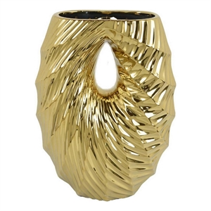 Benjara Decorative Vase- 16&quot U Shape Ceramic Body- Gold Geometric Pattern