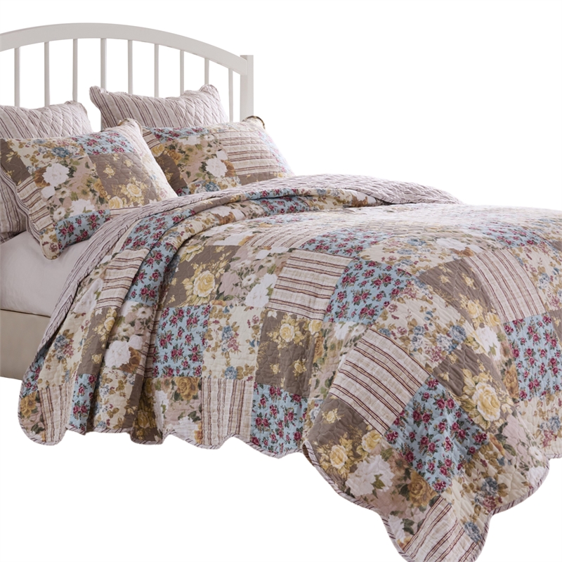 Benjara Ciny 2pc Twin Size Quilt Set- Blue- Brown- and Yellow Floral Print