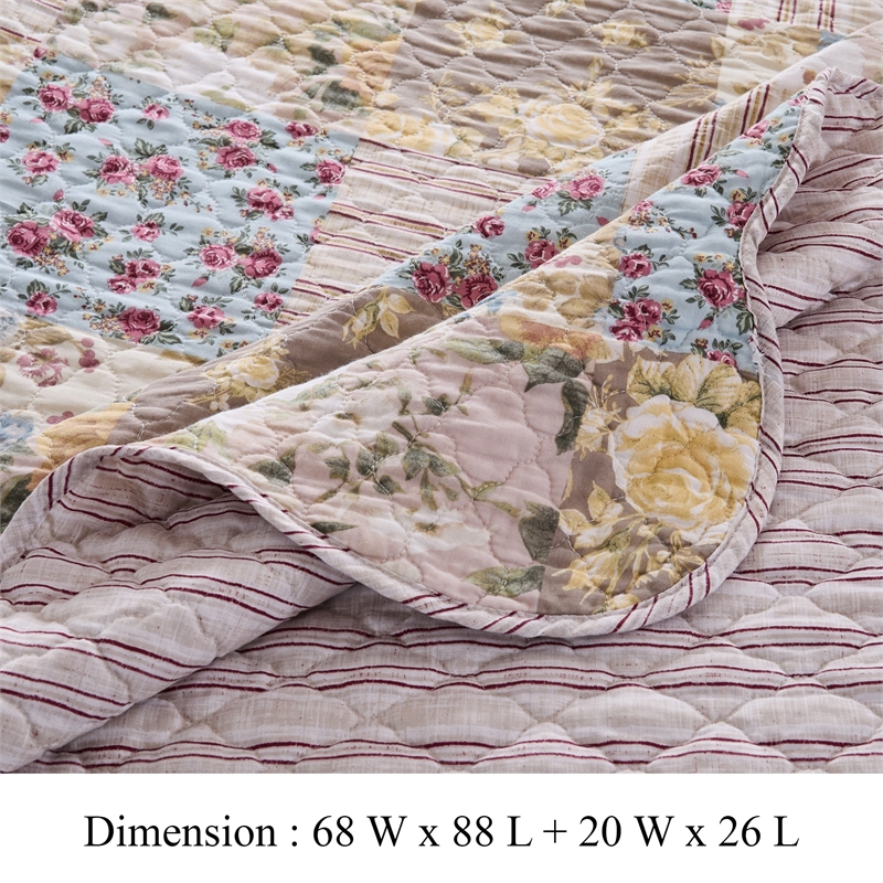Benjara Ciny 2pc Twin Size Quilt Set- Blue- Brown- and Yellow Floral Print