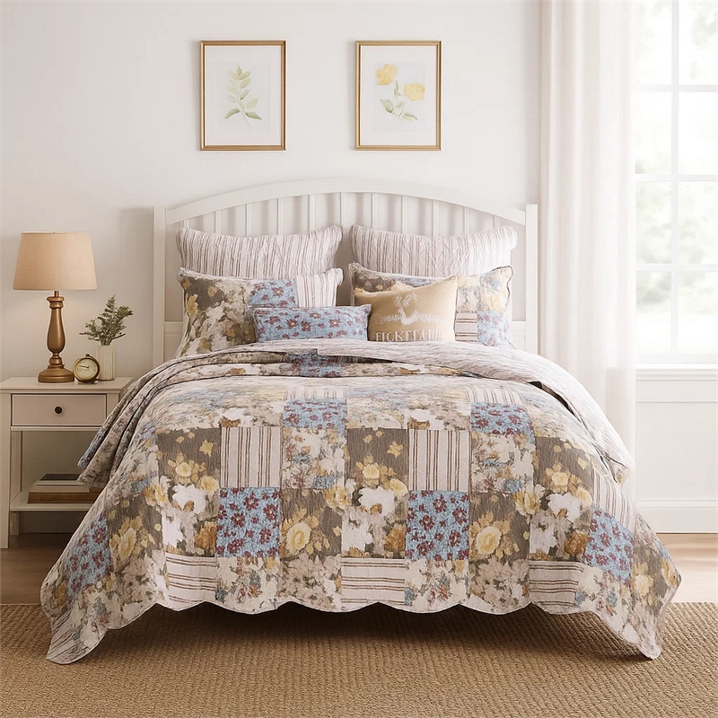 Benjara Ciny 2pc Twin Size Quilt Set- Blue- Brown- and Yellow Floral Print