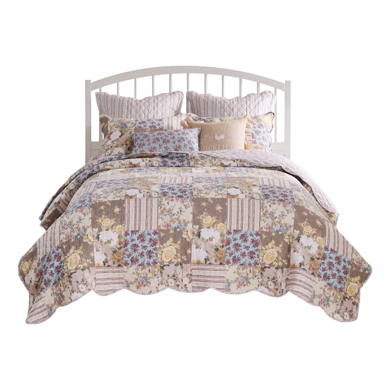 Benjara Ciny 2pc Twin Size Quilt Set- Blue- Brown- and Yellow Floral Print