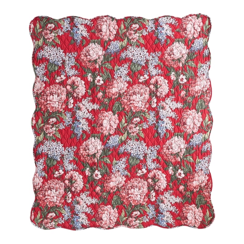 Benjara Milz 50x60 Quilted Throw Blanket- Cotton- Polyester- Red Floral Print