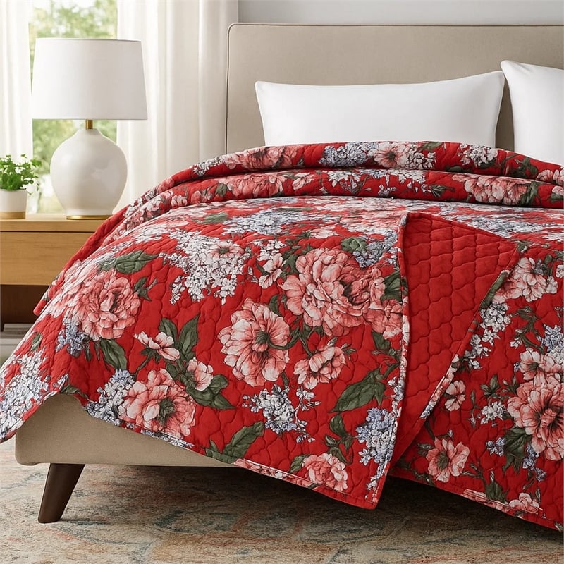 Benjara Milz 50x60 Quilted Throw Blanket- Cotton- Polyester- Red Floral Print