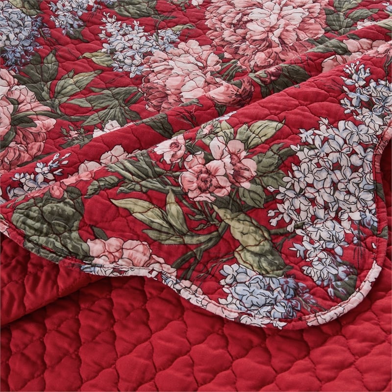 Benjara Milz 2pc Twin Size Quilt Set- Cotton- Polyester- Garnet Red Florals