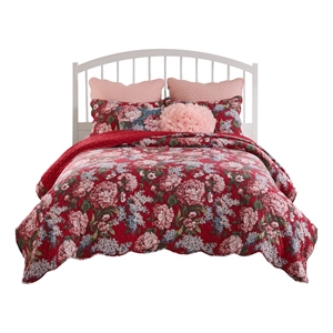 Benjara Milz 2pc Twin Size Quilt Set- Cotton- Polyester- Garnet Red Florals