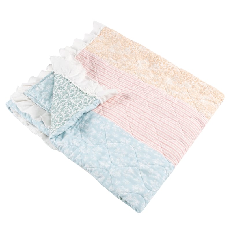 Benjara Tisy 50x60 Ruffle Throw Blanket- Cotton- Polyester- Pastel Stripes
