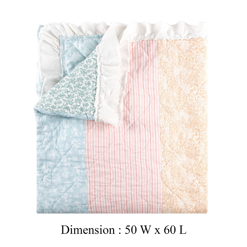 Benjara Tisy 50x60 Ruffle Throw Blanket- Cotton- Polyester- Pastel Stripes