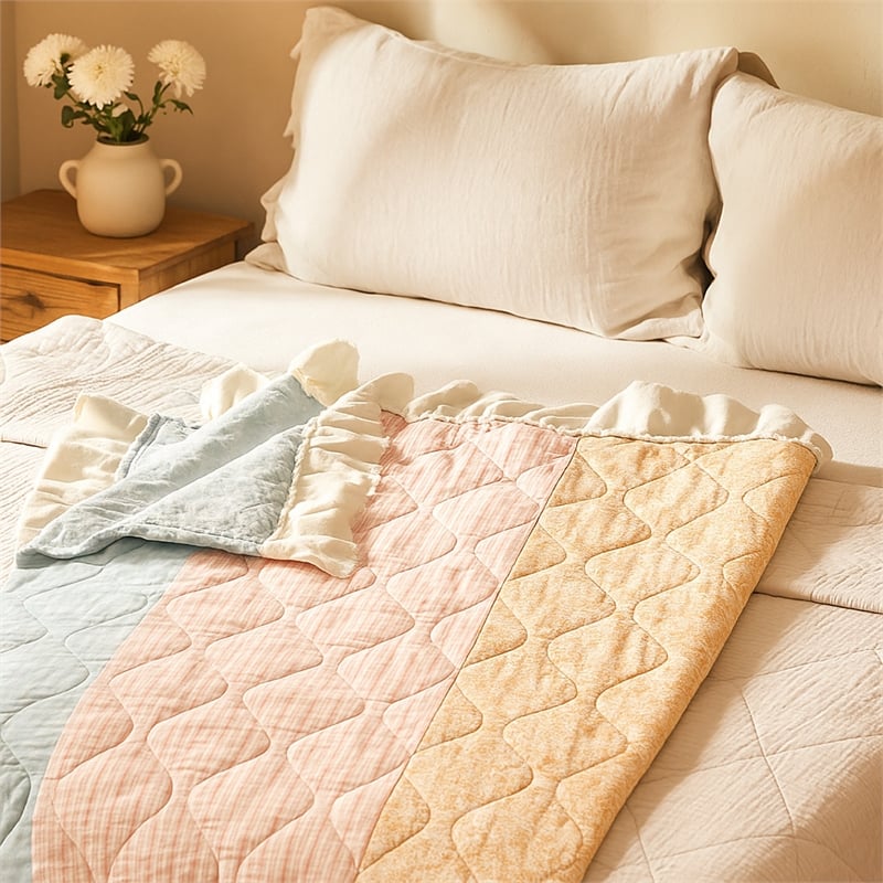 Benjara Tisy 50x60 Ruffle Throw Blanket- Cotton- Polyester- Pastel Stripes