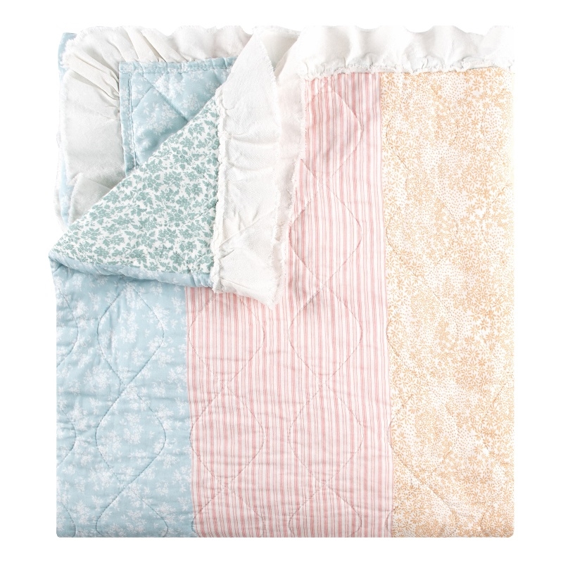 Benjara Tisy 50x60 Ruffle Throw Blanket- Cotton- Polyester- Pastel Stripes