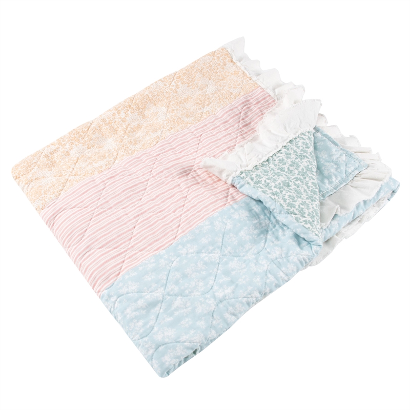 Benjara Tisy 50x60 Ruffle Throw Blanket- Cotton- Polyester- Pastel Stripes