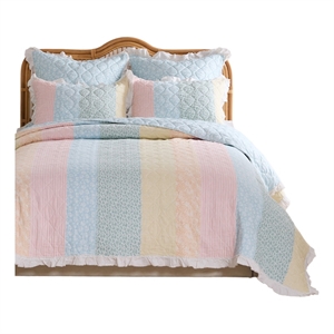 Benjara Tisy 2pc Twin Size Quilt Set- Cotton- Polyester- Pastel Color Stripes