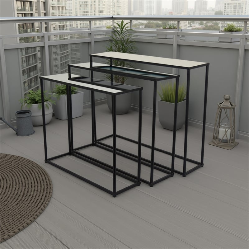 Benjara Kellie Nesting Plant Stand Table Set of 3- Black Metal- Glass Tops