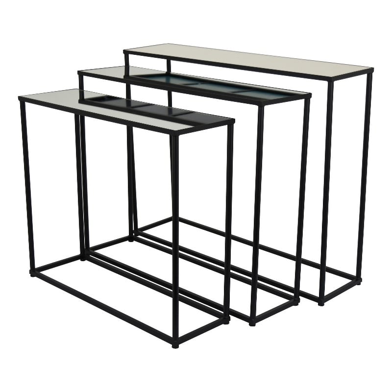 Benjara Kellie Nesting Plant Stand Table Set of 3- Black Metal- Glass Tops