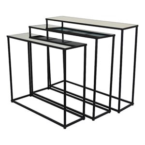 Benjara Kellie Nesting Plant Stand Table Set of 3- Black Metal- Glass Tops