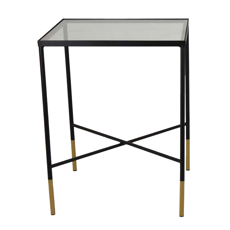 Benjara Kellie Plant Stand Table Set of 2- Black Metal with Clear Glass Tops