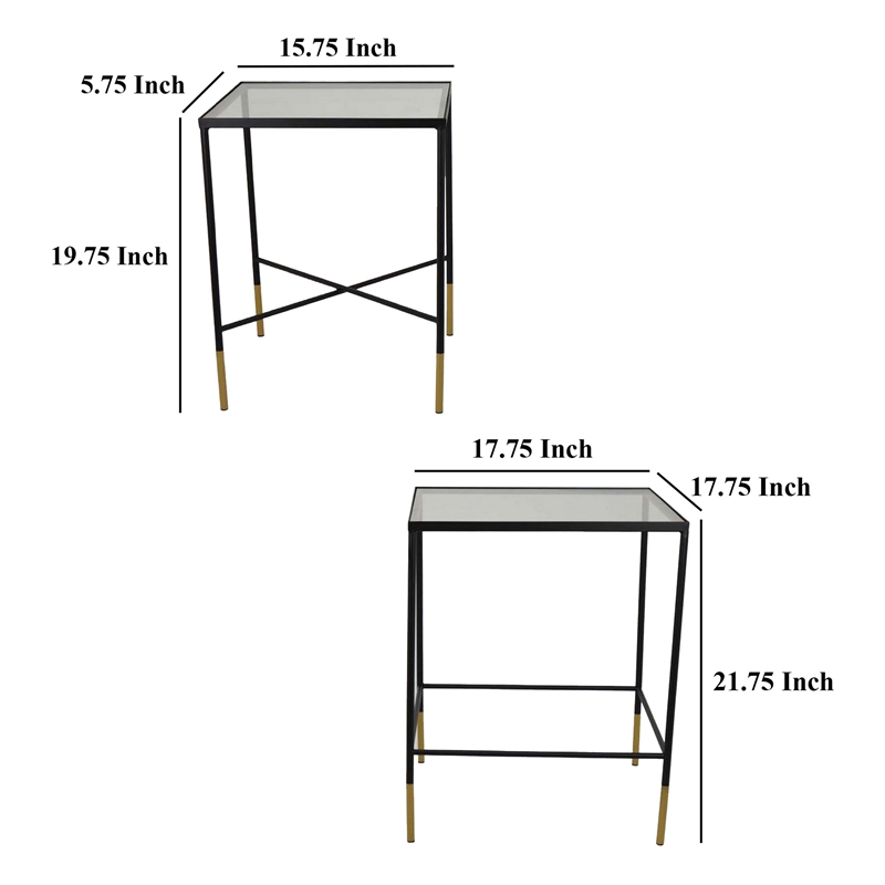 Benjara Kellie Plant Stand Table Set of 2- Black Metal with Clear Glass Tops