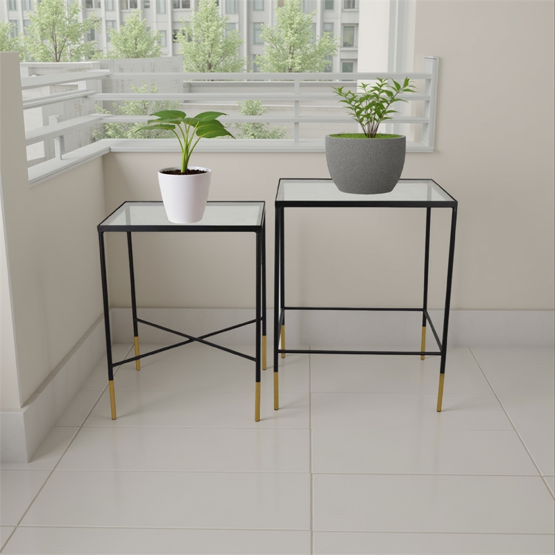 Benjara Kellie Plant Stand Table Set of 2- Black Metal with Clear Glass Tops