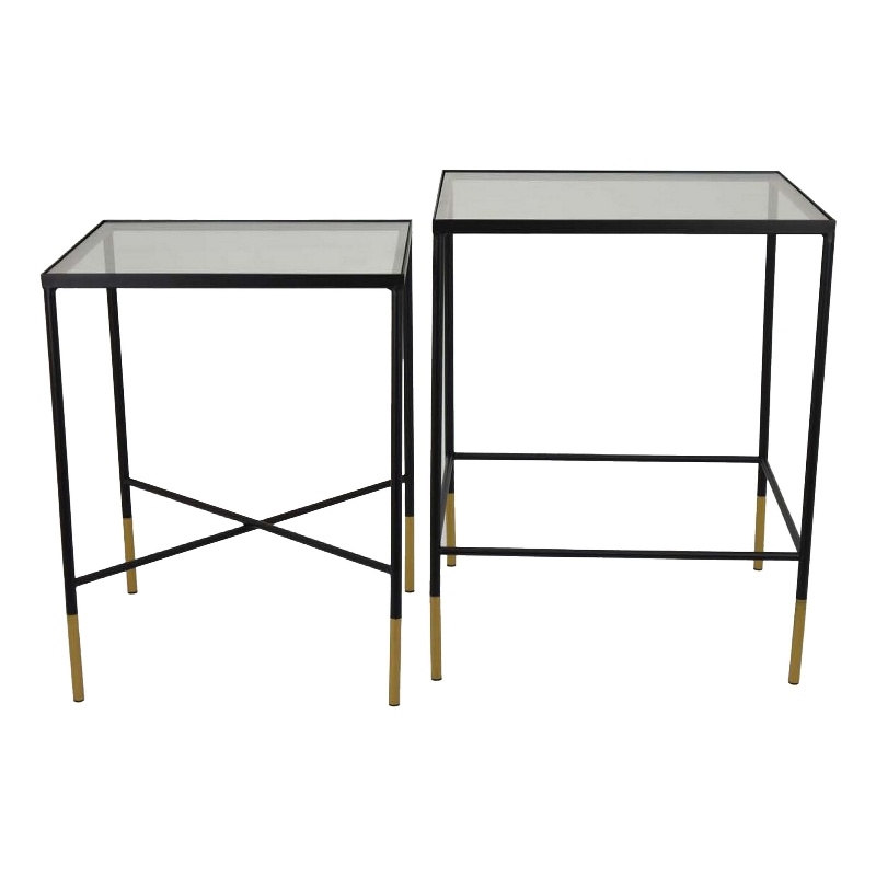 Benjara Kellie Plant Stand Table Set of 2- Black Metal with Clear Glass Tops