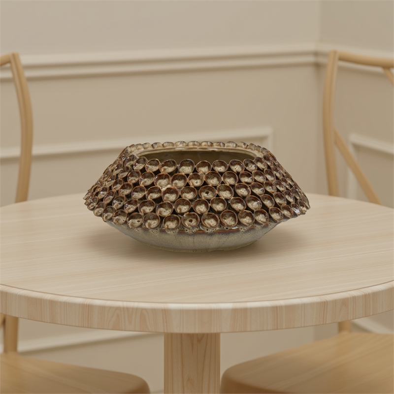Benjara Rysa Vase- Glossy Brown Ceramic- Unique Coral Texture Design- 14 Inch