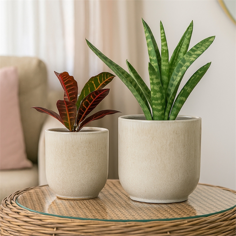 Benjara Lyna Accent Planter Set of 2- White Gray Ceramic Smooth Glossy Texture