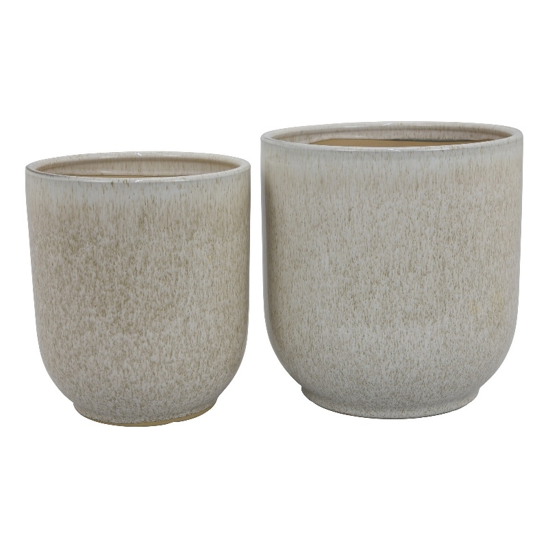 Benjara Lyna Accent Planter Set of 2- White Gray Ceramic Smooth Glossy Texture