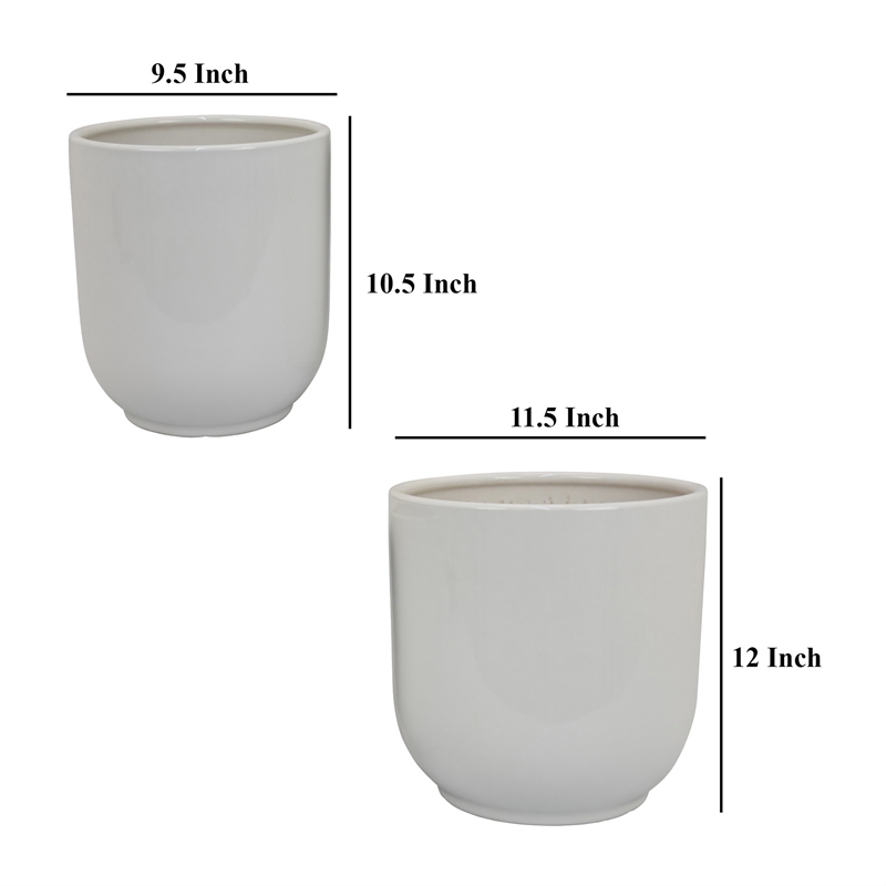Benjara Lyna Accent Planter Set of 2- White Ceramic- Smooth Glossy Texture