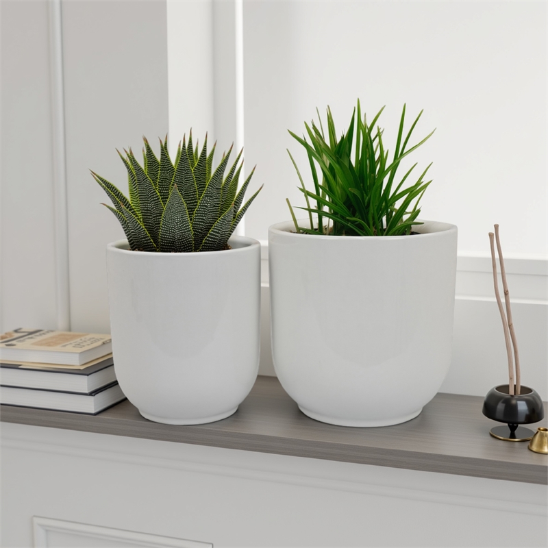 Benjara Lyna Accent Planter Set of 2- White Ceramic- Smooth Glossy Texture
