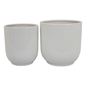 Benjara Lyna Accent Planter Set of 2- White Ceramic- Smooth Glossy Texture