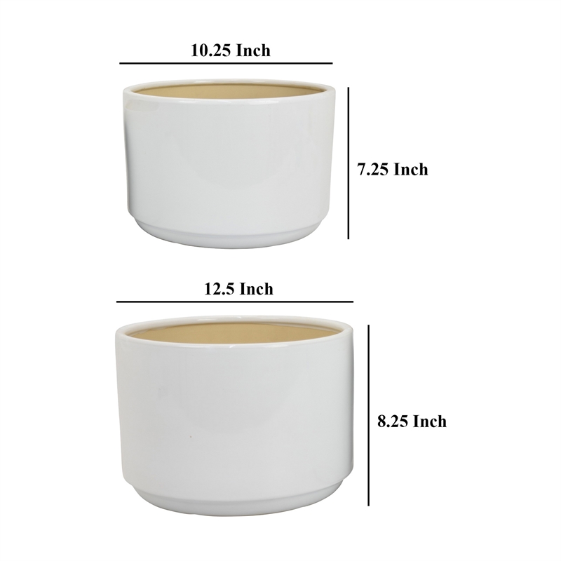 Benjara Accent Planter Set of 2- Wide Base- Modern Minimalist White Ceramic