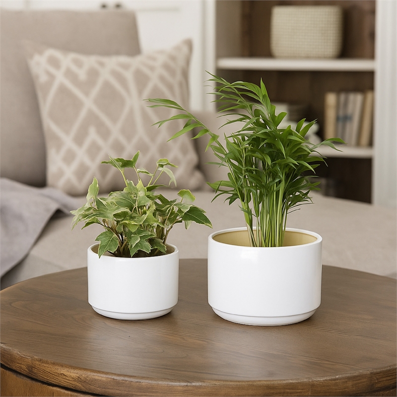 Benjara Accent Planter Set of 2- Wide Base- Modern Minimalist White Ceramic