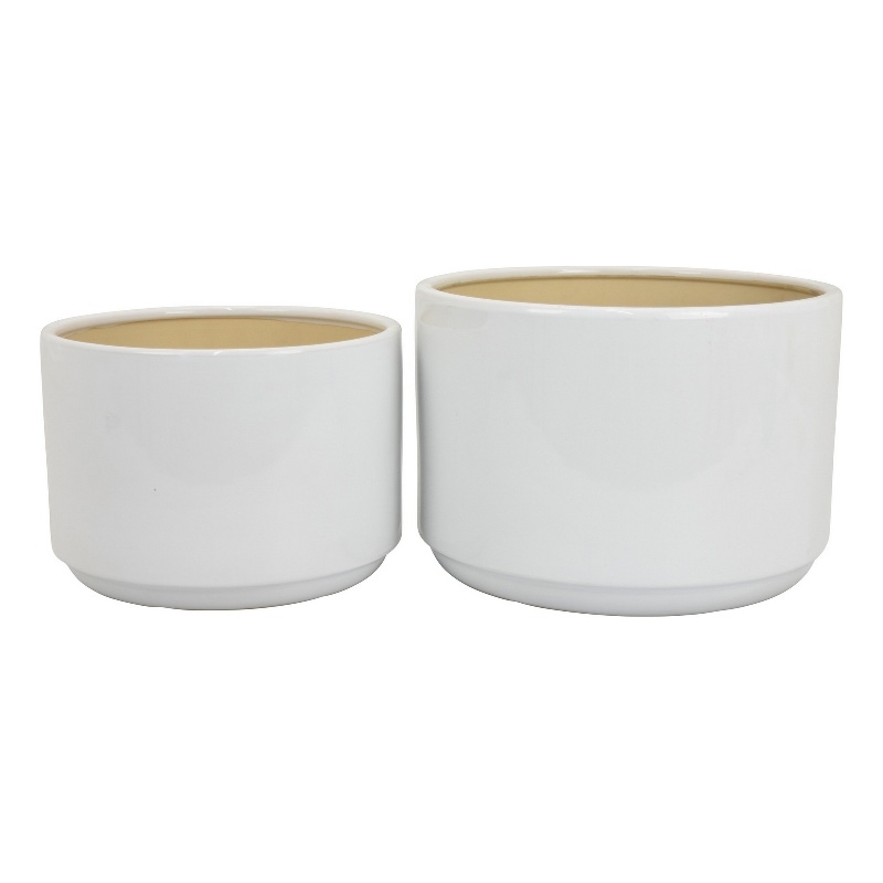 Benjara Accent Planter Set of 2- Wide Base- Modern Minimalist White Ceramic