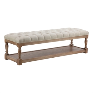 Benjara Xena Bench- 59&quot Tufted Padded White Linen Top- Solid Wood Base