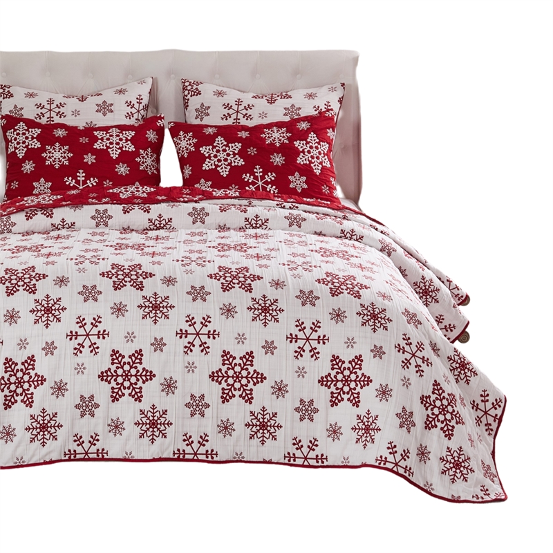 Benjara Flok 3 Piece Queen Quilt Set- Red and White Polyester- Snowflake Theme