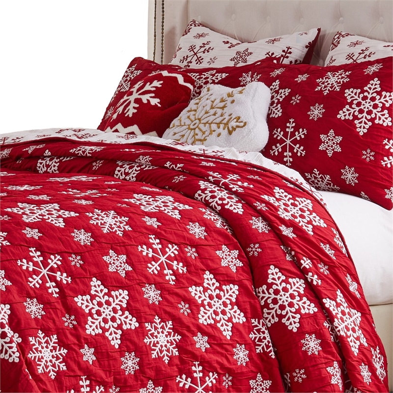 Benjara Flok 3 Piece King Quilt Set- Red and White Polyester- Snowflake Theme