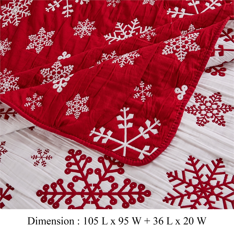 Benjara Flok 3 Piece King Quilt Set- Red and White Polyester- Snowflake Theme