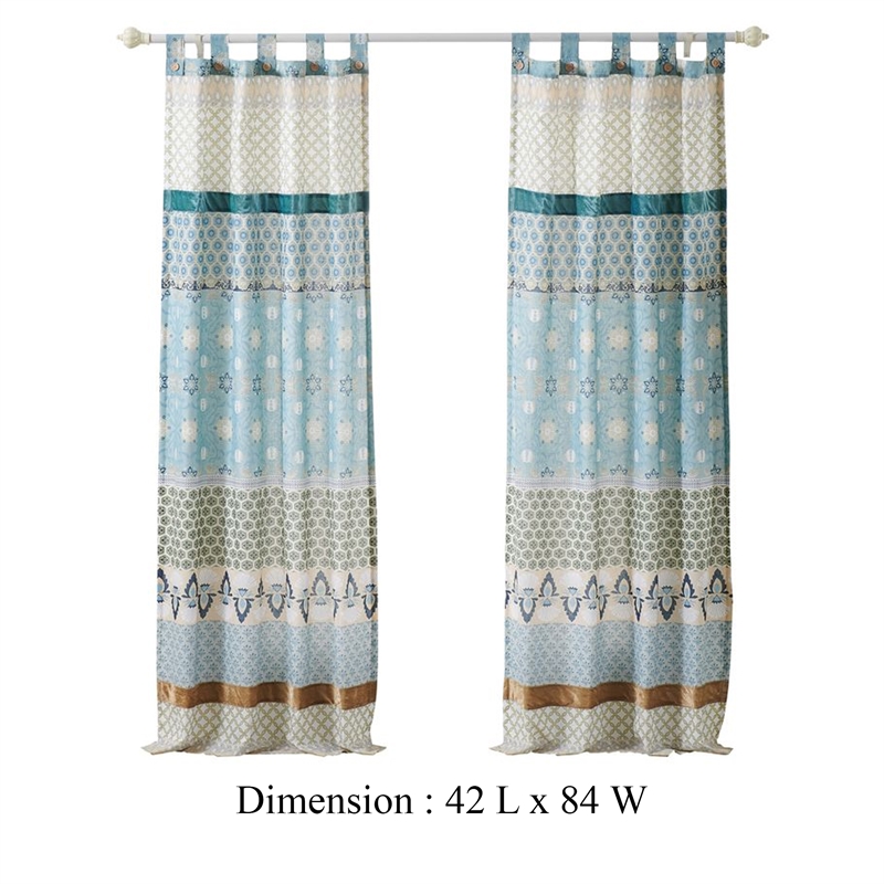 Benjara Ello 2 Panel Curtain Panel Set- Cotton White and Blue Geometric Print