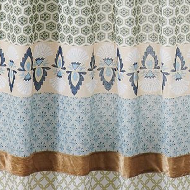 Benjara Ello 2 Panel Curtain Panel Set- Cotton White and Blue Geometric Print